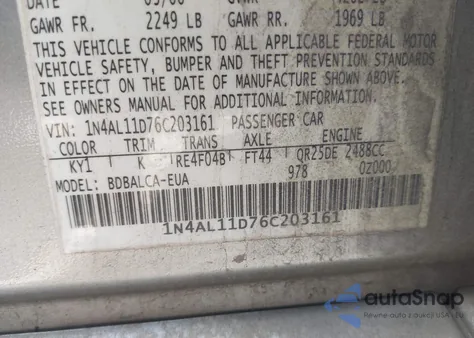 2006 Nissan Altima 2.5 S z USA, uszkodzony, nr VIN 1N4AL11D76C203161